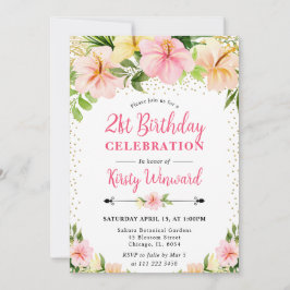 水彩熱帯ピンクの花21歳の誕生日 招待状