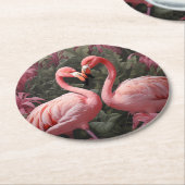 水彩熱帯ピンクフラミンゴロマンス ラウンドペーパーコースター (アングル)