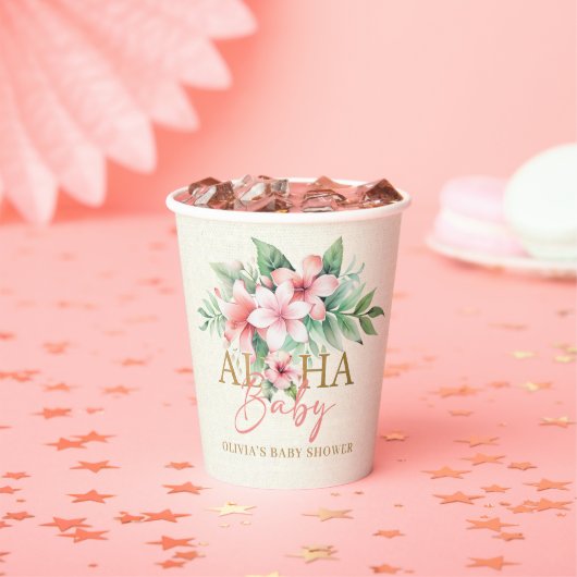 水彩熱帯ピンクフローラアロハベビーシャワー 紙コップ (インサイチュ)
