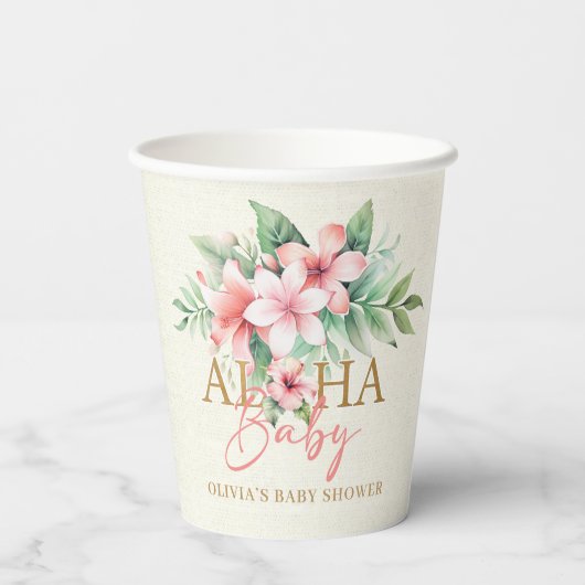 水彩熱帯ピンクフローラアロハベビーシャワー 紙コップ (裏面)
