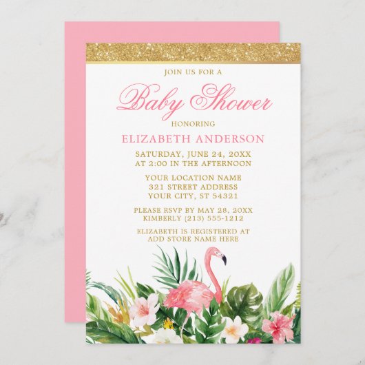 水彩熱帯フラミンゴベビーシャワーグリッター 招待状 (正面/裏面)