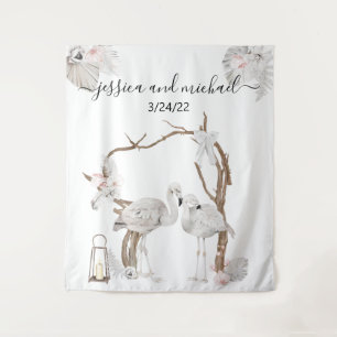 水彩熱帯フラミンゴボホホワイトフローラ タペストリー