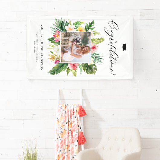 水彩熱帯フレーム写真卒業パーティー 横断幕 (インサイチュ)