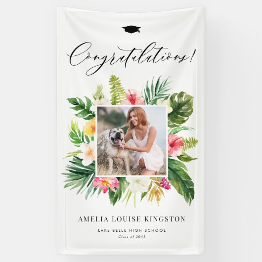 水彩熱帯フレーム写真卒業パーティー 横断幕 (縦)