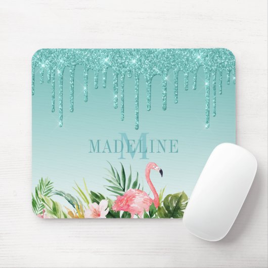 水彩熱帯フローラティール(緑がかった色)グリッターモノグラム マウスパッド (マウス)