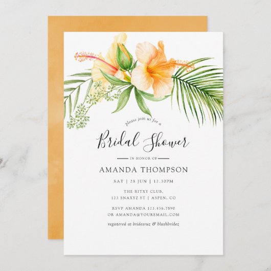 水彩熱帯フローラビーチブライダルシャワー 招待状 (正面/裏面)