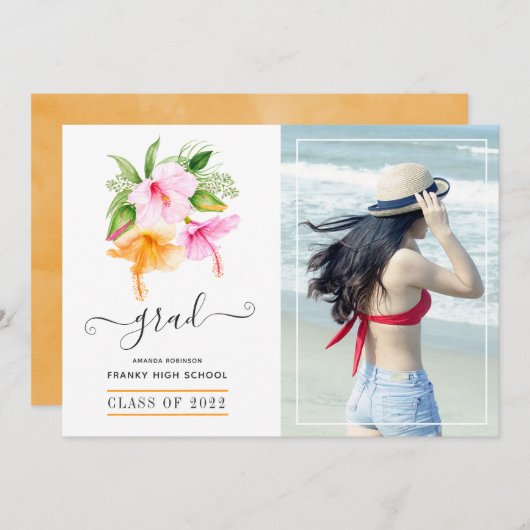 水彩熱帯フローラビーチ卒業写真 案内状 (正面/裏面)