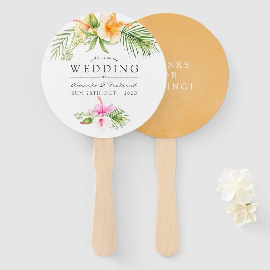 水彩熱帯フローラビーチ結婚式の恩恵 ハンドファン (正面&裏面)