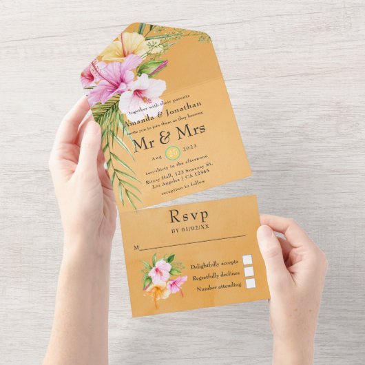水彩熱帯フローラビーチ結婚式 オールインワン招待状 (貼ってはがせる)