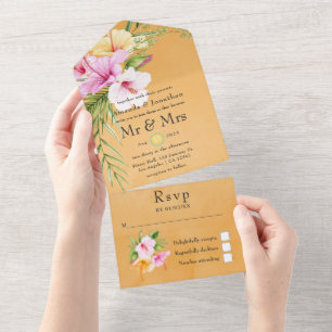 水彩熱帯フローラビーチ結婚式 オールインワン招待状