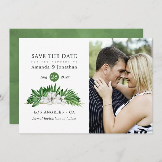 水彩熱帯フローラビーチ結婚式 セーブザデート (正面/裏面)