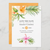 水彩熱帯フローラビーチ結婚式 セーブザデート (正面/裏面)