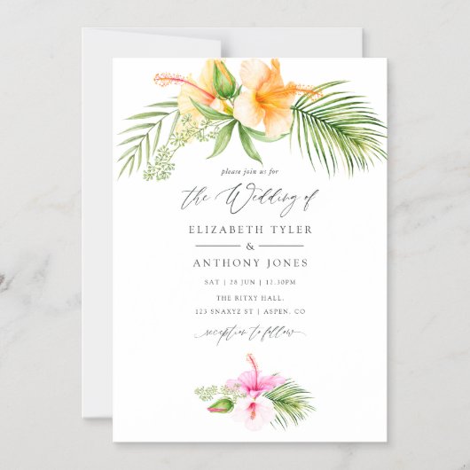 水彩熱帯フローラビーチ結婚式 マグネット招待状 (正面)