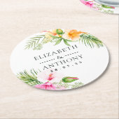 水彩熱帯フローラビーチ結婚式 ラウンドペーパーコースター (アングル)