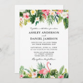 水彩熱帯フローラピンクフラミンゴ結婚ズ 招待状 (正面/裏面)