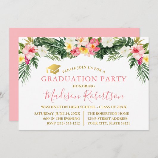 水彩熱帯フローラピンク金ゴールドグラードパーティー 招待状 (正面/裏面)