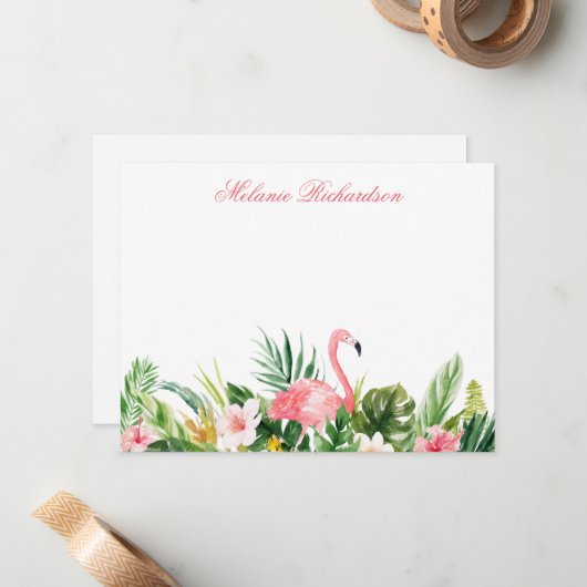 水彩熱帯フローラフラミンゴピンク ノートカード (正面/裏面インサイチュ)
