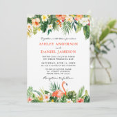 水彩熱帯フローラフラミンゴ結婚の珊瑚 招待状 (スタンド正面)