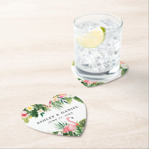 水彩熱帯フローラフラミ結婚ンゴハート ペーパーコースター