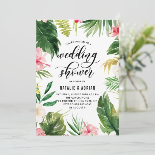水彩熱帯フローラフレームウェディングシャワー 招待状 (スタンド正面)