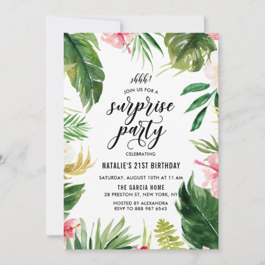 水彩熱帯フローラフレームサプライズパーティー 招待状 (正面)