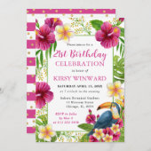 水彩熱帯フローラフレームトゥーカン誕生日 招待状 (正面/裏面)