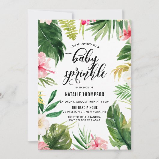 水彩熱帯フローラフレームベビー散布 招待状 (正面)