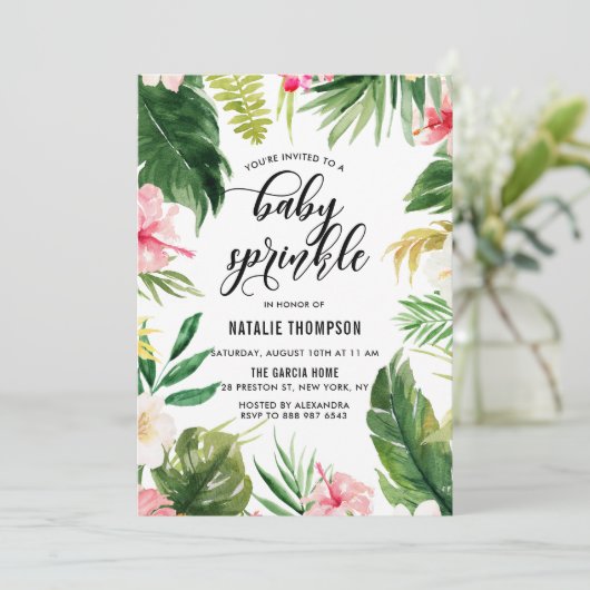 水彩熱帯フローラフレームベビー散布 招待状 (スタンド正面)