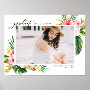 水彩熱帯フローラフレーム写真卒業 ポスター