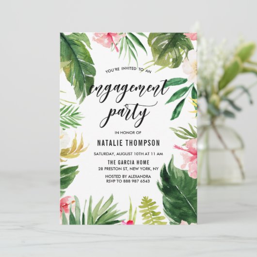 水彩熱帯フローラフレーム婚約パーティ 招待状 (スタンド正面)