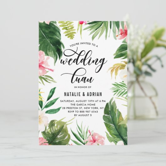 水彩熱帯フローラフレ結婚ームのルアウ(ハワイ式宴会) 招待状 (スタンド正面)