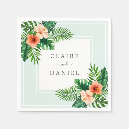 水彩熱帯フローラミントグリーン結婚ズ スタンダードカクテルナプキン (正面)