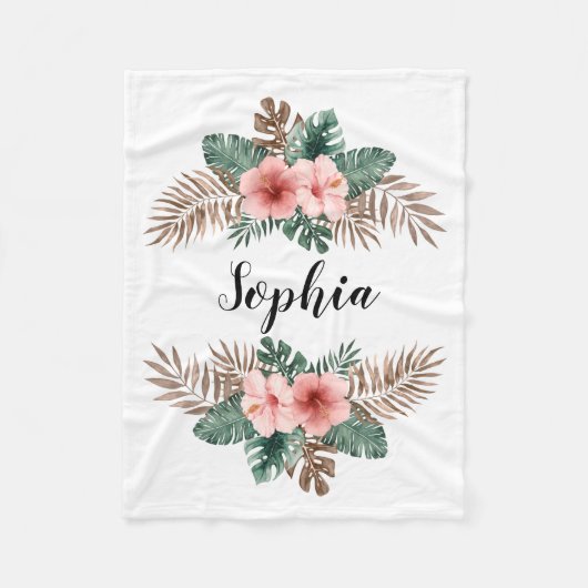 水彩熱帯フローラリースカスタム文字 フリースブランケット (正面)