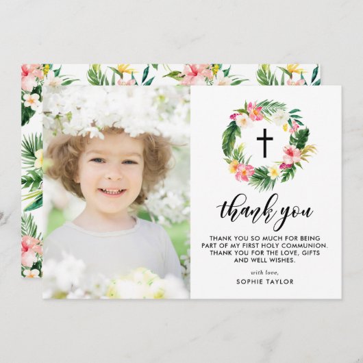 水彩熱帯フローラリース第1聖餐式 サンキューカード (正面/裏面)