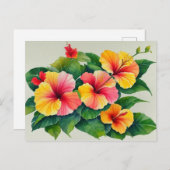 水彩熱帯フローラレッドイエローハイビスカス ポストカード (正面/裏面)