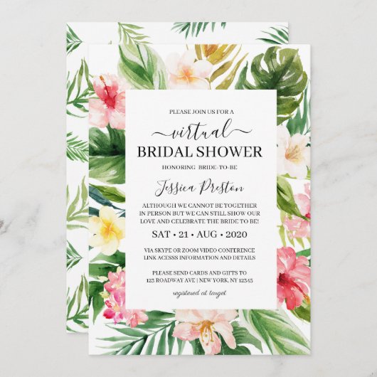 水彩熱帯フローラ仮想ブライダルシャワー 招待状 (正面/裏面)