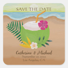 水彩熱帯フローラ海ビーチ結婚式 スクエアシール