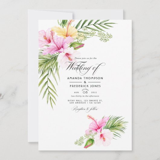 水彩熱帯フローラ結婚の写真 招待状 (正面)