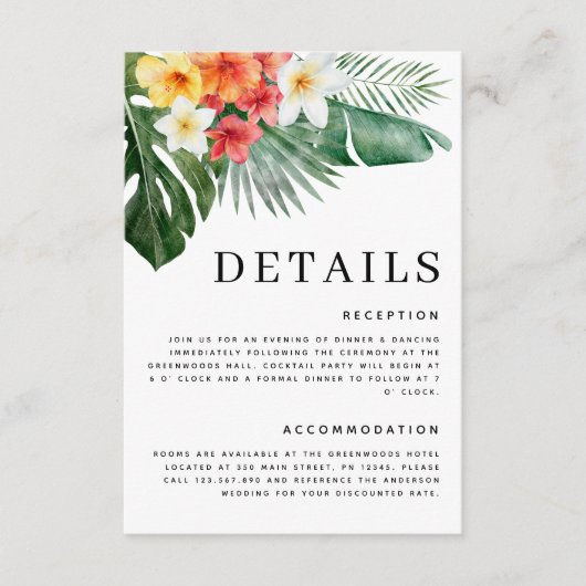 水彩熱帯フローラ結婚グリーン詳細 エンクロージャーカード (正面)