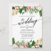 水彩熱帯フローラ結婚書道のPnk 招待状 (正面)