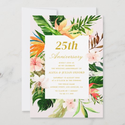 水彩熱帯フローラ結婚記念日 招待状 (正面)