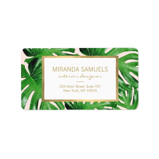 水彩熱帯モンステラ葉パターンピンク ラベル (正面)