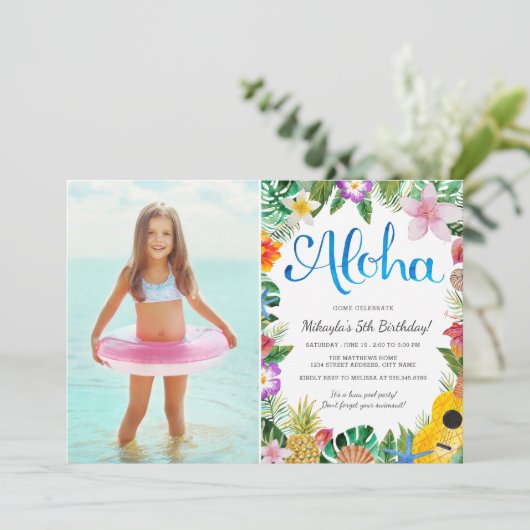 水彩熱帯ルアウ（ハワイ式宴会）|写真誕生日パーティー 招待状 (スタンド正面)