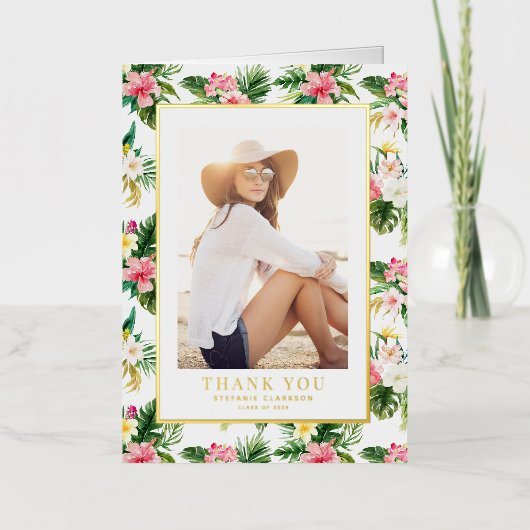 水彩熱帯卒業写真ありがとう 箔グリーティングカード (正面)