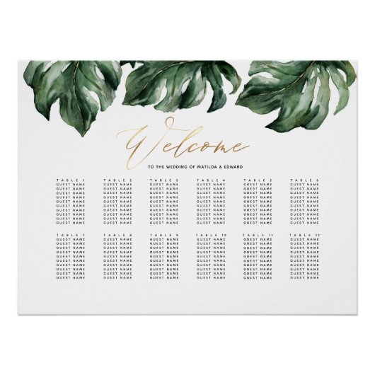 水彩熱帯及び金ゴールド結婚のシーティングプラン ポスター (正面)