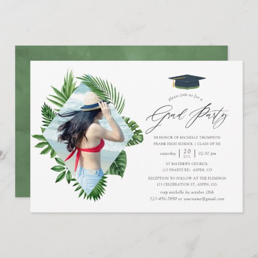 水彩熱帯夏ビーチ卒業パーティー 招待状 (正面/裏面)