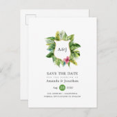 水彩熱帯夏ビーチ結婚式モノグラム 案内ポストカード (正面/裏面)