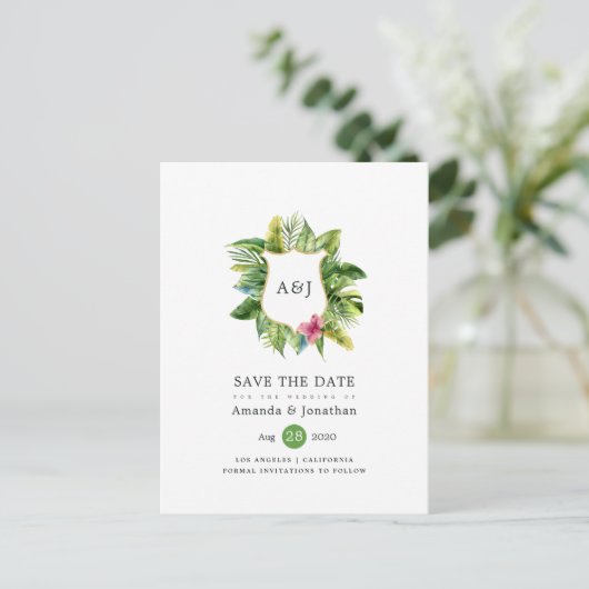 水彩熱帯夏ビーチ結婚式モノグラム 案内ポストカード (スタンド正面)