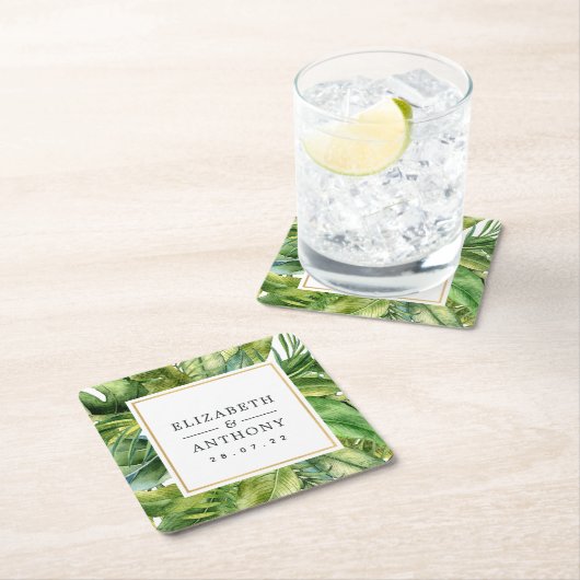 水彩熱帯夏ビーチ結婚式 スクエアペーパーコースター (インサイチュ)