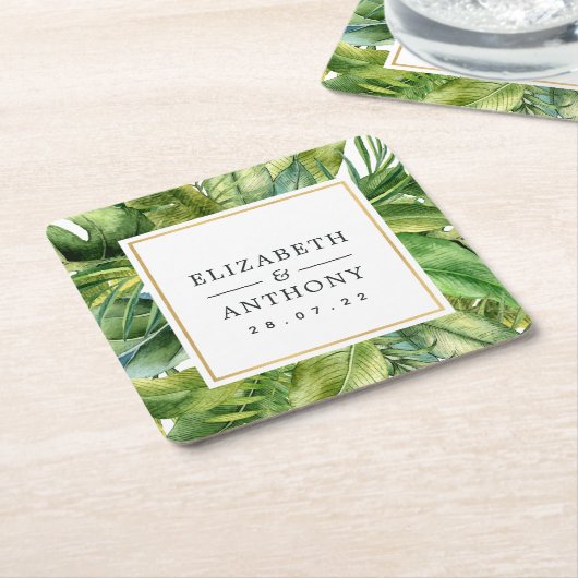 水彩熱帯夏ビーチ結婚式 スクエアペーパーコースター (アングル)